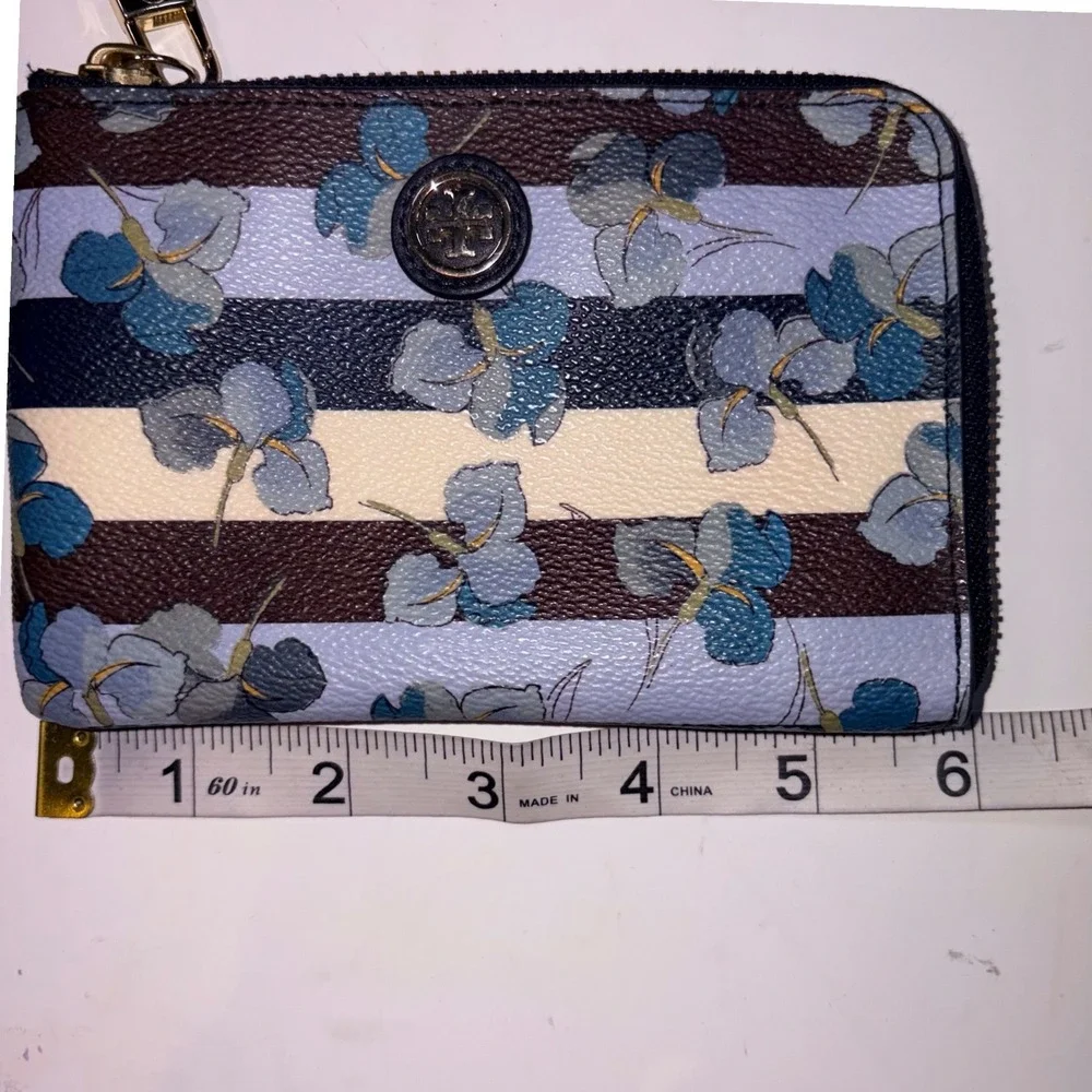 Tory Burch Kerrington Floral Stripe L-Zip Wristlet Wallet Blue Multi OS